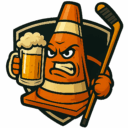 A hockey team logo featuring an animated traffic cone holding a hockey stick and a mug of beer.