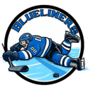 A round logo for a hockey team with the team name Blueliners. There is a cartoon hockey player laying stomach down on the ice after falling.