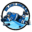 A round logo for a hockey team with the team name Blueliners. There is a cartoon hockey player laying stomach down on the ice after falling.
