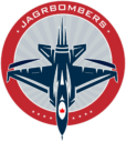 A circular logo for a hockey team with the silhouette of a fighter jet. A red maple leaf ins printed on the cockpit. Above the logo is the team name JAGRBOMBERS.