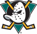 A hockey team logo featuring a mask in the shape of a duck's bill.