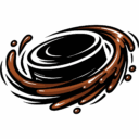 Team logo for the Soy Saucers. A spinning hockey puck covered in brown liquid (soy sauce)