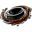 Team logo for the Soy Saucers. A spinning hockey puck covered in brown liquid (soy sauce)